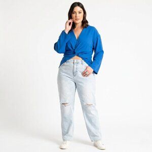 Eloquii Sapphire Blue Wrap Blouse Plus Size 24 V-Neck Long Sleeve Workwear Top
